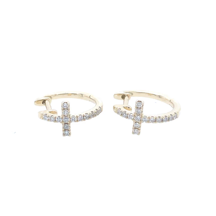 0.25Ct Diamond Huggie Cross Earrings 14k YG